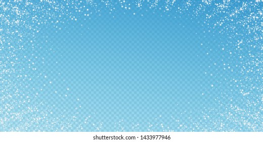 Amazing falling stars Christmas background. Subtle flying snow flakes and stars on transparent blue background. Alive winter silver snowflake overlay template. Rare vector illustration.