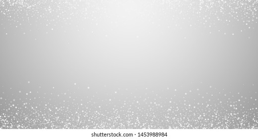 Amazing falling stars Christmas background. Subtle flying snow flakes and stars on light grey background. Amusing winter silver snowflake overlay template. Neat vector illustration.