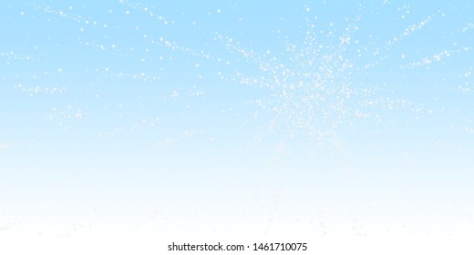 Amazing falling stars Christmas background. Subtle flying snow flakes and stars on winter sky background. Astonishing winter silver snowflake overlay template. Authentic vector illustration.