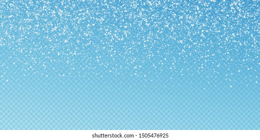 Amazing falling stars Christmas background. Subtle flying snow flakes and stars on transparent blue background. Adorable winter silver snowflake overlay template. Curious vector illustration.