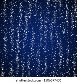 Amazing falling stars Christmas background. Subtle flying snow flakes and stars on dark blue night background. Alive winter silver snowflake overlay template. Comely vector illustration.