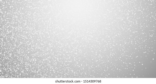 Amazing falling stars Christmas background. Subtle flying snow flakes and stars on light grey background. Beautiful winter silver snowflake overlay template. Enchanting vector illustration.