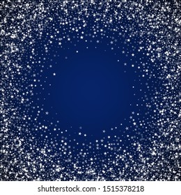 Amazing falling stars Christmas background. Subtle flying snow flakes and stars on dark blue night background. Amusing winter silver snowflake overlay template. Appealing vector illustration.
