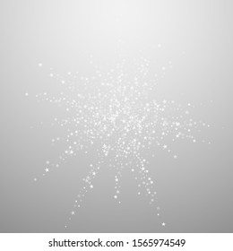 Amazing falling stars Christmas background. Subtle flying snow flakes and stars on light grey background. Actual winter silver snowflake overlay template. Majestic vector illustration.
