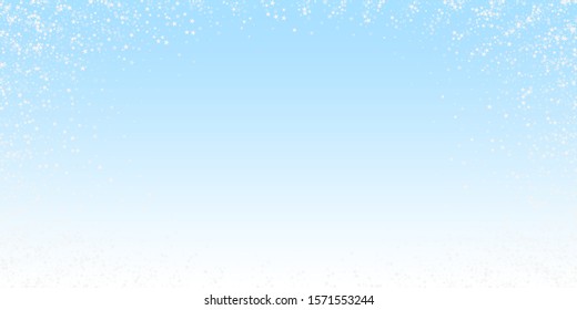 Amazing falling stars Christmas background. Subtle flying snow flakes and stars on winter sky background. Bewitching winter silver snowflake overlay template. Popular vector illustration.