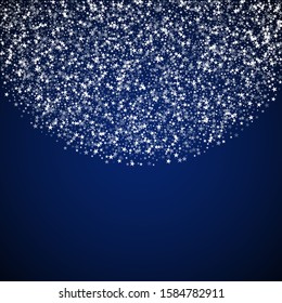 Amazing falling stars Christmas background. Subtle flying snow flakes and stars on dark blue night background. Amazing winter silver snowflake overlay template. Beauteous vector illustration.
