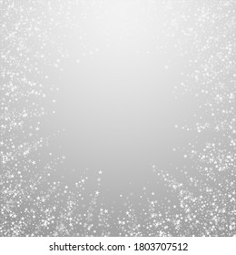 Amazing falling stars Christmas background. Subtle flying snow flakes and stars on light grey background. Amazing winter silver snowflake overlay template. Posh vector illustration.