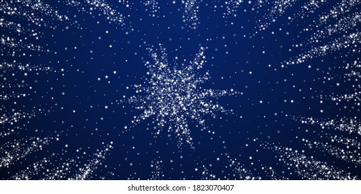 Amazing falling stars Christmas background. Subtle flying snow flakes and stars on dark blue night background. Appealing winter silver snowflake overlay template. Sublime vector illustration.