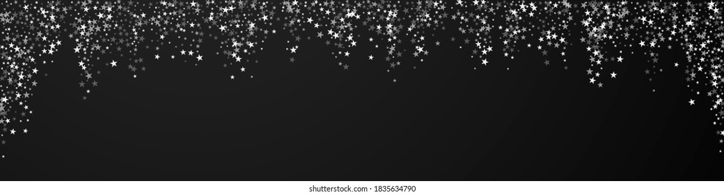 Amazing falling stars Christmas background. Subtle flying snow flakes and stars on black background. Breathtaking winter silver snowflake overlay template. Magnificent panoramic illustration.