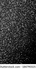 Amazing falling stars Christmas background. Subtle flying snow flakes and stars on black background. Amusing winter silver snowflake overlay template. Imaginative vertical illustration.
