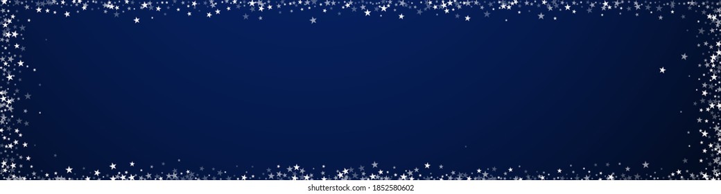 Amazing falling stars Christmas background. Subtle flying snow flakes and stars on dark blue background. Brilliant winter silver snowflake overlay template. Amazing panoramic illustration.