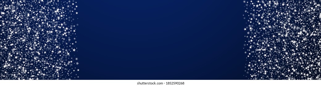Amazing falling stars Christmas background. Subtle flying snow flakes and stars on dark blue background. Bizarre winter silver snowflake overlay template. Modern panoramic illustration.