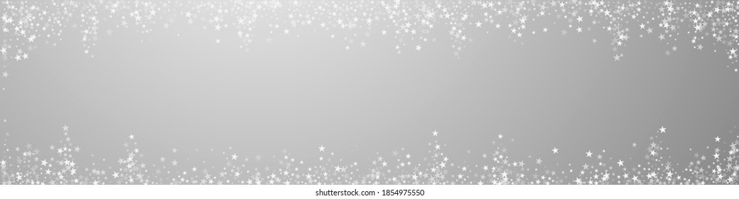 Amazing falling stars Christmas background. Subtle flying snow flakes and stars on grey background. Breathtaking winter silver snowflake overlay template. Fantastic panoramic illustration.