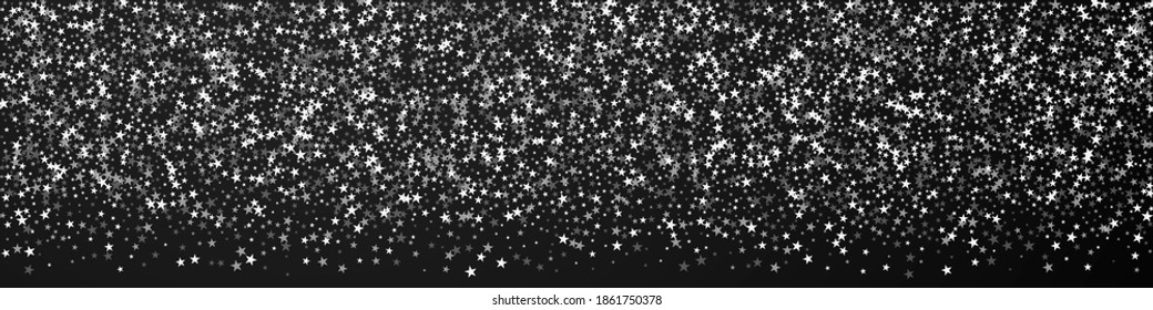 Amazing falling stars Christmas background. Subtle flying snow flakes and stars on black background. Brilliant winter silver snowflake overlay template. Graceful panoramic illustration.