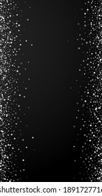 Amazing falling stars Christmas background. Subtle flying snow flakes and stars on black background. Admirable winter silver snowflake overlay template. Valuable vertical illustration.