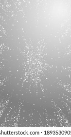 Amazing falling stars Christmas background. Subtle flying snow flakes and stars on grey background. Adorable winter silver snowflake overlay template. Splendid vertical illustration.