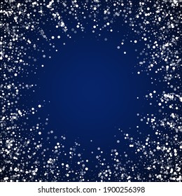 Amazing falling stars Christmas background. Subtle flying snow flakes and stars on dark blue night background. Actual winter silver snowflake overlay template. Magnificent vector illustration.