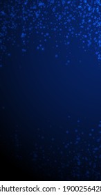 Amazing falling stars Christmas background. Subtle flying snow flakes and stars on dark blue night background. Actual winter silver snowflake overlay template. Magnificent vector illustration.
