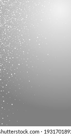 Amazing falling stars Christmas background. Subtle flying snow flakes and stars on grey background. Adorable winter silver snowflake overlay template. Favorable vertical illustration.