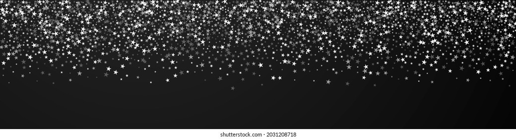Amazing falling stars Christmas background. Subtle flying snow flakes and stars on black background. Brilliant winter silver snowflake overlay template. Divine panoramic illustration.
