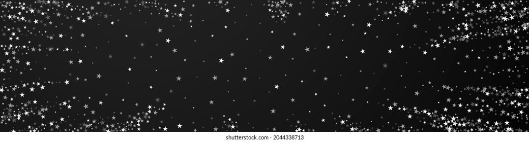 Amazing falling stars Christmas background. Subtle flying snow flakes and stars on black background. Captivating winter silver snowflake overlay template. Beauteous panoramic illustration.