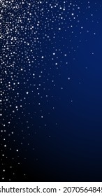 Amazing falling stars Christmas background. Subtle flying snow flakes and stars on dark blue background. Adorable winter silver snowflake overlay template. Fascinating vertical illustration.