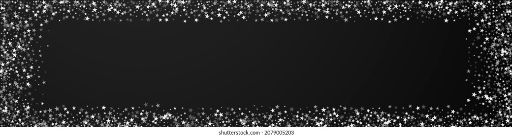 Amazing falling stars Christmas background. Subtle flying snow flakes and stars on black background. Breathtaking winter silver snowflake overlay template. Remarkable panoramic illustration.