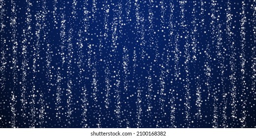 Amazing falling stars Christmas background. Subtle flying snow flakes and stars on dark blue night background. Awesome winter silver snowflake overlay template. Charming vector illustration.