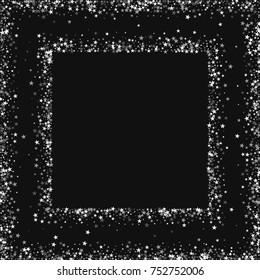 Amazing falling stars. Square abstract frame on black background. Wondrous vector illustration.