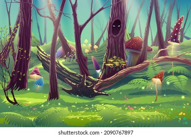 Amazing fantasy mushroom garden and trees  green forest and fly agaric  sunlight rays  grass  leaves   beautiful nature in vector  Summer floral park illustration digital artwork 