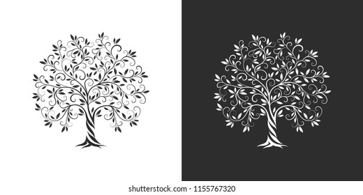 Amazing, fashion, elegant olive tree logo silhouette badge set isolated on white and dark background. Premium quality natural, virgin, green plant organic logotype sign emblem illustration design.