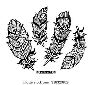 Amazing feathers with dots, spiral, triangle. Vector zen tangle. Set collection. Creative bohemia concept for bridal, wedding invitations, cards, tickets, congratulations, branding, logo label, emblem