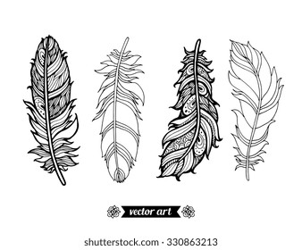 Amazing feathers with dots, spiral, triangle, outline feathers. Vector. Set collection. Creative bohemia concept card, ticket, branding, logo label, emblem. Coloring book page for adult