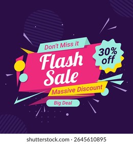 Banner de venda Flash incrível com até 30% de desconto. Não perca isso. Compre agora. Design de modelo de banner de vendas Flash para mídia social e anúncios de sites. 30% de desconto. Grande Desconto.