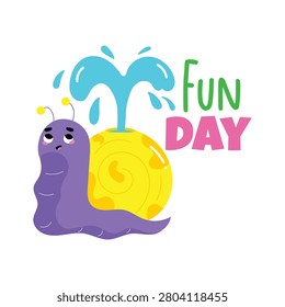 An amazing flat sticker of a happy snail playing with water.