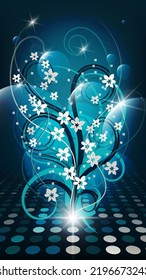 Amazing floral panel in azure tones. White flowers, curved leaves and stems, a flash of light on a mottled surface against a dark background. Author's work. Vector.