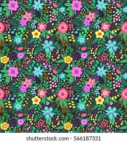 Amazing floral pattern with bright colorful flowers, plants, branches and berries on a green background. The elegant the template for fashion prints. Modern floral background. Folk style