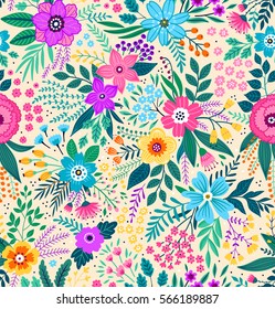 Amazing floral pattern with bright colorful flowers, plants, branches and berries on a white background. The elegant the template for fashion prints. Modern floral background. Folk style