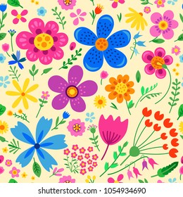 Amazing floral vector seamless pattern of bright colorful flowers in cute vintage style.Beautiful colorful flowers background. Spring primitive texture. Design folk style concept for fashion print.