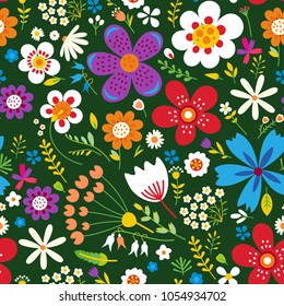 Amazing floral vector seamless pattern of bright colorful flowers in cute vintage style.Beautiful colorful flowers background. Spring primitive texture. Design folk style concept for fashion print.