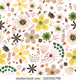 Amazing floral vector seamless pattern of bright colorful flowers in cute vintage style.Beautiful colorful flowers background. Spring primitive texture. Design folk style concept for fashion print.