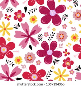 Amazing floral vector seamless pattern of bright colorful flowers in cute vintage style.Beautiful colorful flowers background. Spring primitive texture. Design folk style concept for fashion print.