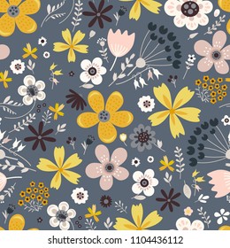 Amazing floral vector seamless pattern of bright colorful flowers in cute vintage style.Beautiful colorful flowers background. Spring primitive texture. Design folk style concept for fashion print.