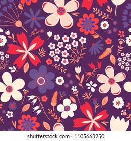 Amazing floral vector seamless pattern of bright colorful flowers in cute vintage style.Beautiful colorful flowers background. Spring primitive texture. Design folk style concept for fashion print.