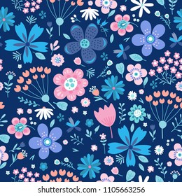 Amazing floral vector seamless pattern of bright colorful flowers in cute vintage style.Beautiful colorful flowers background. Spring primitive texture. Design folk style concept for fashion print.