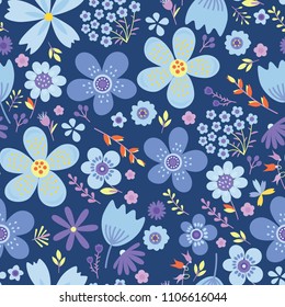 Amazing floral vector seamless pattern of bright colorful flowers in cute vintage style.Beautiful colorful flowers background. Spring primitive texture. Design folk style concept for fashion print.