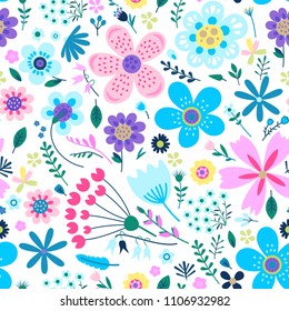 Amazing floral vector seamless pattern of bright colorful flowers in cute vintage style.Beautiful colorful flowers background. Spring primitive texture. Design folk style concept for fashion print.