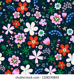 Amazing floral vector seamless pattern of bright colorful flowers in cute vintage style.Beautiful colorful flowers background. Spring primitive texture. Design folk style concept for fashion print.