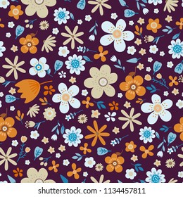 Amazing floral vector seamless pattern of bright colorful flowers in cute vintage style.Beautiful colorful flowers background. Spring primitive texture. Design folk style concept for fashion print.
