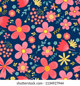Amazing floral vector seamless pattern of bright colorful flowers in cute vintage style.Beautiful colorful flowers background. Spring primitive texture. Design folk style concept for fashion print.